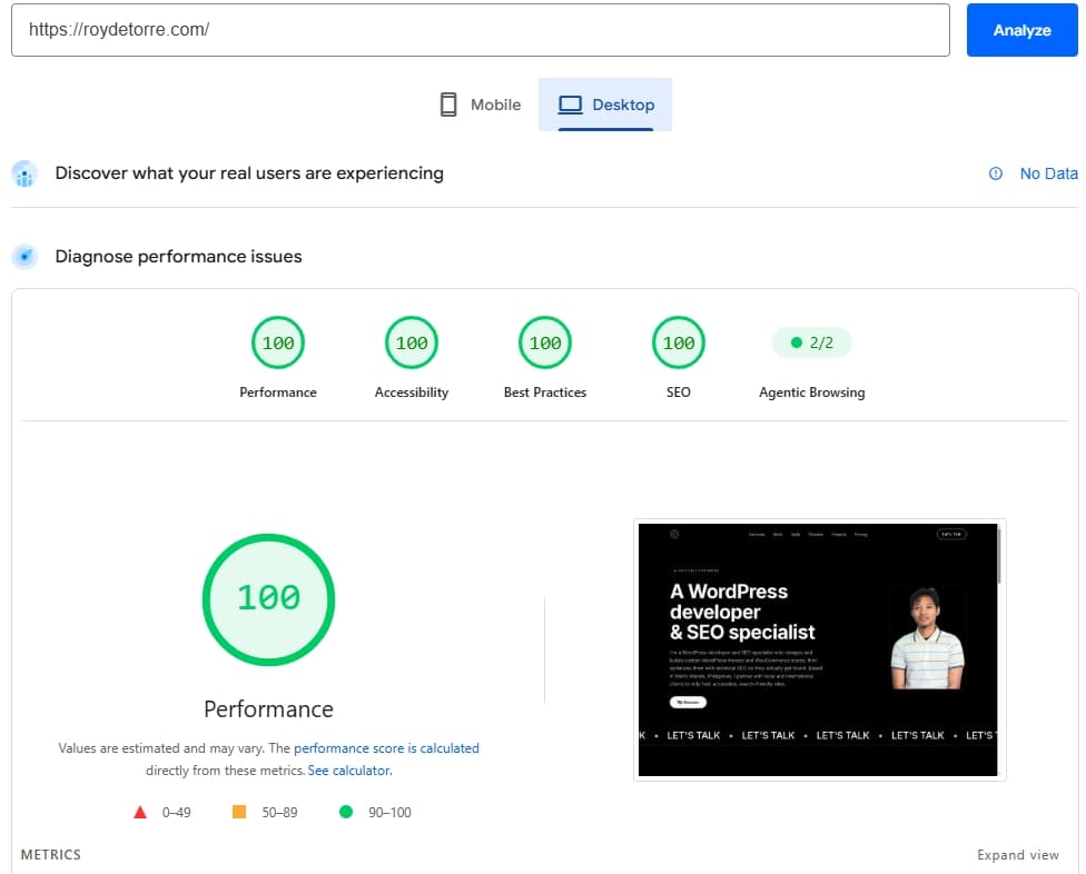Google PageSpeed Insights desktop report for roydetorre.com